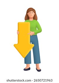 Mulher Kate segurando grande seta de direção amarela apontando para baixo. Declínio, diminuição, conceito de perda. personagem de pessoas vetoriais 3d. Estilo mínimo de desenho animado.