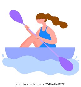 Woman kayaking on river, paddling boat, outdoor water sport, flat vector illustration