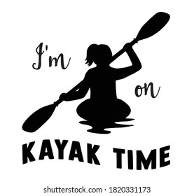 Woman kayaking silhouette drawing. Black line art illustration of kayak with woman. Vector drawing for logo with rowing boat. Woman paddling with ripples of water. Design for prints, decals, t-shirts.