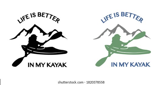 Woman kayaking silhouette drawing. Black line art illustration of kayak with woman. Vector drawing for logo with rowing boat. Woman paddling with mountains. Design for prints, decals, t-shirts