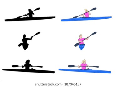 woman kayaking silhouettes and illustration