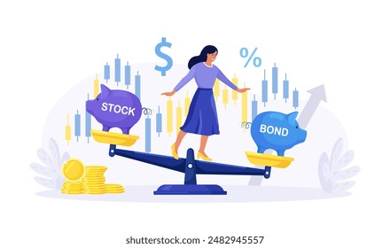 Las mujeres mantienen la calma balanceándose en escalas, eligiendo entre acciones y bonos. Diversificar las inversiones en Cartera. La inversión pasiva y la riqueza acumulan. Estrategia de inversión equilibrada. Asignación de activos financieros