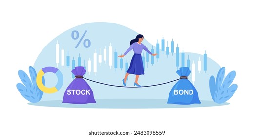 Woman keep calm balancing on rope, choosing between stocks and bonds. Diversify portfolio investments. Passive invest wealth accumulate. Balanced investment strategy. Finance asset allocation