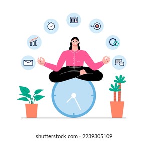 Woman keep calm and management time. Business person meditation, successful planning and work process. Sapid flat office vector character