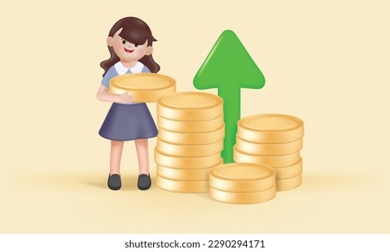 Las mujeres mantienen la pila de dinero de la moneda con un gráfico de crecimiento sobre la inversión. Tecnología financiera y beneficios a cambio de inversiones en cartera. vector realista 3D.
