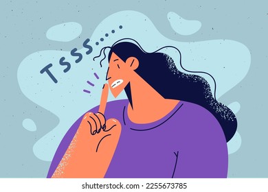 Woman keep finger at lips asking be quiet or silent. Secretive female making hand gesture beg to hush. Nonverbal communication and body language. Vector illustration. 