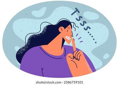 Woman keep finger at lips asking be quiet or silent. Secretive female making hand gesture beg to hush. Nonverbal communication and body language. Vector illustration.