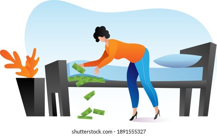 Woman keep money under bed mattress, female character poor financial literacy, cash saving cartoon vector illustration, isolated on white. Dollar stash in bad place, person get finance.