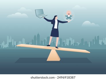 Mujer manteniendo el equilibrio entre carrera y familia. Concepto de equilibrio de la vida laboral. Elección, comparación de negocios, trabajo y madre ama de casa con el niño, bebé.