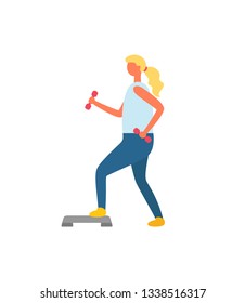 Woman keeping fit vector, person leading healthy and active lifestyle. Training lady with dumbbells, working out blond with long hair, character flat style