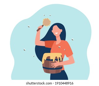 Woman keeping honey bees. Person holding barrel with honey and dipper. Flat vector illustration. Beekeeping, apiary, apiculture concept for banner, website design or landing web page