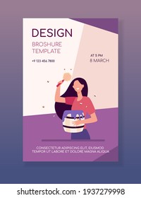 Woman keeping honey bees. Person holding barrel with honey and dipper. Flat vector illustration. Beekeeping, apiary, apiculture concept for banner, website design or landing web page