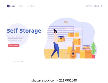 Woman keeping personal items in rental self-storage unit. Rent mini garage. Concept of self storage unit, small mini warehouse, rental garage. Vector illustration in flat design for web banner