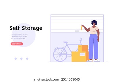 Woman keeping personal items in rental self-storage unit. Rent mini garage. Concept of self storage unit, small mini warehouse, rental garage. Vector illustration in flat design for web banner