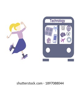 Woman keeping up with technology on white background.Vector cartoon.