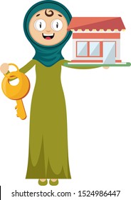 Woman with key, illustration, vector on white background.