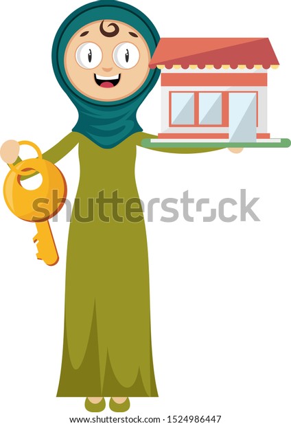 Woman\
with key, illustration, vector on white\
background.