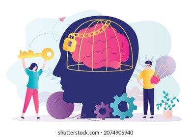 Woman with key opens golden cage. People help person with limited thinking. Mind closed to new ideas and knowledge. Brain in prison. Man holding light bulb. Restricted imagination. Vector illustration