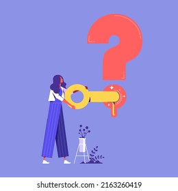 Woman with a key opens a keyhole at a question mark, question and solution concept