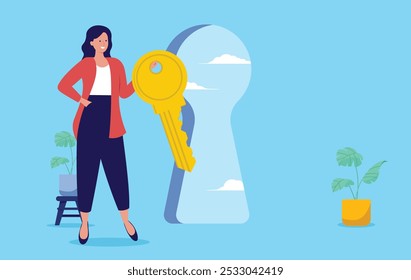 Woman key to success - Female person in corporate professional business clothing holding key in hand opening and unlocking gateway to career success or freedom. Flat design stock vector illustration