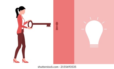 woman with key, woman unlocking the Idea, business character vector illustration on white background.