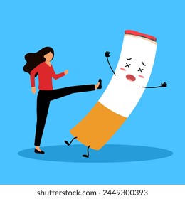 Woman kick cigarette cartoon character in flat design vector. Nicotine addiction. Stop smoking, healthy lifestyle concept.