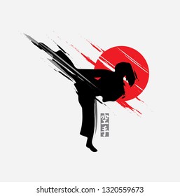 Woman in kick fighting technique pose silhouette vector illustration.Simple and modern logo for karate,judo and martial art icon in japanese style.