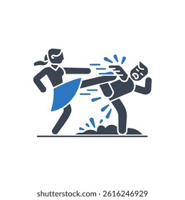 Woman Kicking Attacker Icon On White Background