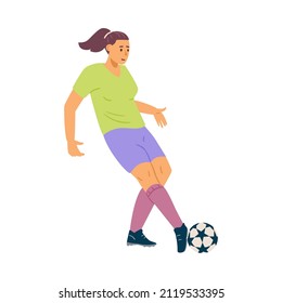 Woman kicks the ball during soccer game, flat vector illustration isolated on white background. Concept of female football players and athletes.