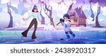 Woman and kid boy skating on ice lake near wooden house in snowy forest. Cartoon vector winter landscape with icy pond, wood cabin, trees and snow on shore, mother and son on skates with hockey stick.