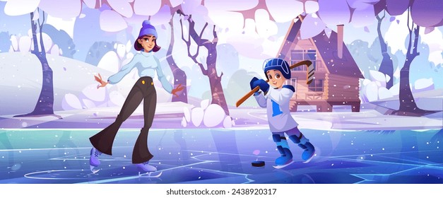 Mujer y niño patinando en el lago de hielo cerca de la casa de madera en el bosque nevado. Vector de dibujos animados paisaje de invierno con estanque helado, cabaña de madera, árboles y nieve en la orilla, madre e hijo en patines con palo de hockey.