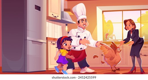 Woman, kid and chef haunted hen on home kitchen. Modern indoor apartment interior with stove, refrigerator, cooker and other appliance. Chief man catching cute chicken concept cartoon illustration