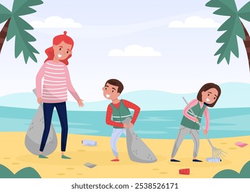 Woman with Kid Clean Nature Collect Garbage Care of Environment Vector Illustration
