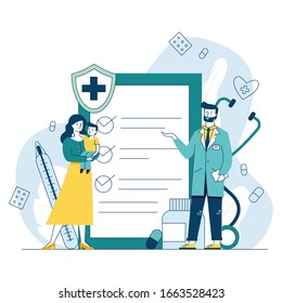 Woman with kid consulting doctor. Patient, pediatrician, medical checkup list flat vector illustration. Examination, healthcare, treatment concept for banner, website design or landing web page