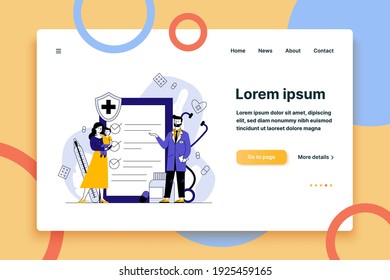 Woman with kid consulting doctor. Patient, pediatrician, medical checkup list flat vector illustration. Examination, healthcare, treatment concept for banner, website design or landing web page