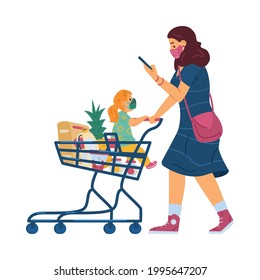 Woman with kid girl wearing face masks for protect from coronavirus pushing supermarket cart full produce. Mother with daughter buy food in grocery shop. Flat vector illustration