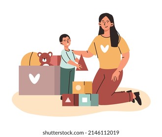 Woman with kid. Mother helps boy build houses from figurines. Parent and children, joint entertainment at weekend. Creativity and skill development. Love and care. Cartoon flat vector illustration