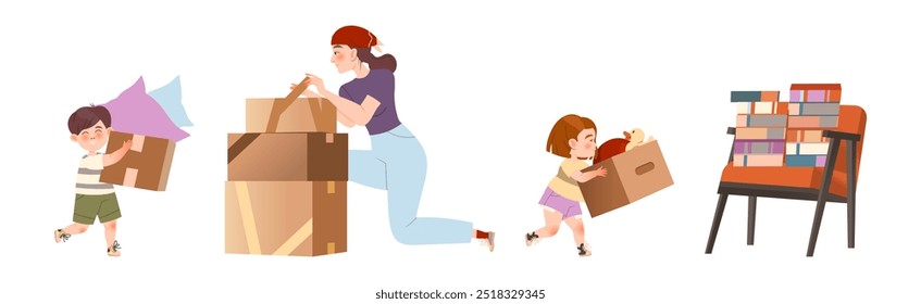 Woman and Kid Moving New House Packing Cardboard Box Vector Set