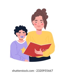 Woman with kid reading concept. Mother with son stand with book. Education, learning and training. Knowledge and information, wisdom. Cartoon flat vector illustration isolated on white background
