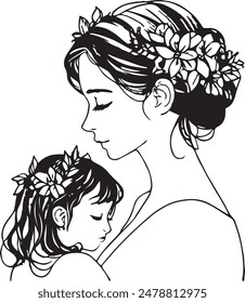 A woman and a kid are seen in a black and white drawing, with the mother sporting a flower crown.