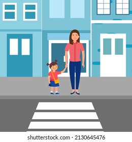 Woman with kid waiting for crossing the road at crosswalk vector illustration. Road, city street, mom and daughter and traffic light in flat design.