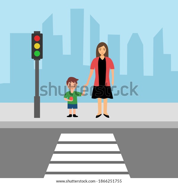 Woman with kid waiting for\
crossing the road at crosswalk with traffic light vector\
illustration. Road, city street, mom and daughter and traffic light\
in flat design.