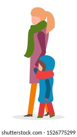 Woman and kid wearing warm clothes walking outdoors vector. Mom and child spending time outside in winter. Kiddo wearing thick jacket and hood with scarf on neck. Family on weekends isolated