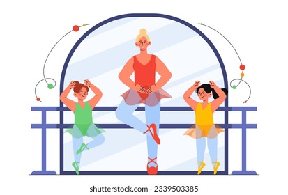 Woman with kids in ballet concept. Mother with children in dresses. Character learning to dance, developing creative skills. Active leisure and lifestyle. Cartoon flat vector illustration