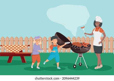 woman and kids bbq party characters