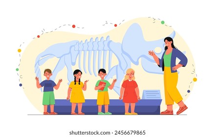 Woman with kids in museum. Teacher with boys and girls near dinosaurs bones. Visitors in exhibiton. Archeology and paleontology. Cartoon flat vector illustration isolated on white background