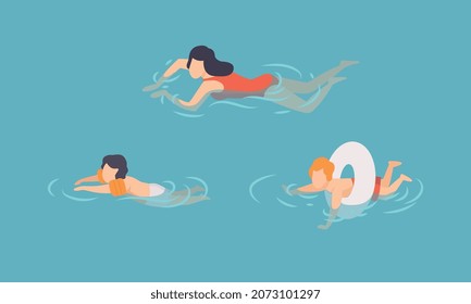 Woman and Kids with Rubber Armband and Ring Floating in Blue Sea Water Vector Set