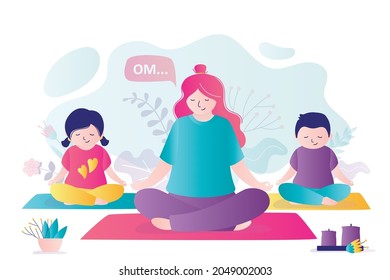 Woman and kids sit in lotus position. Instructor meditates with children. Little children practice yoga with trainer. Boy and girl relax in yoga class. Stretching, fitness. Flat vector illustration