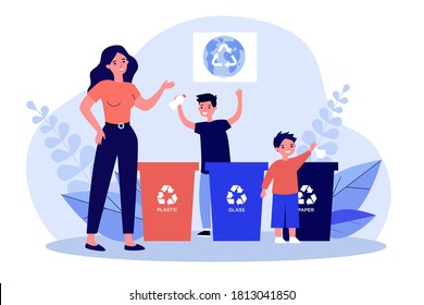 Woman and kids sorting garbage together. Plastic, glass, paper flat vector illustration. Environment and ecology protection concept for banner, website design or landing web page