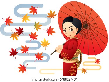 Woman in kimono with autumn leaves